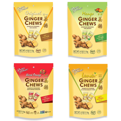 Prince of Peace Ginger Chews Variety Pack of 4 Bundle, 1 of each (Original, Mango, Lemon, Blood Orange)