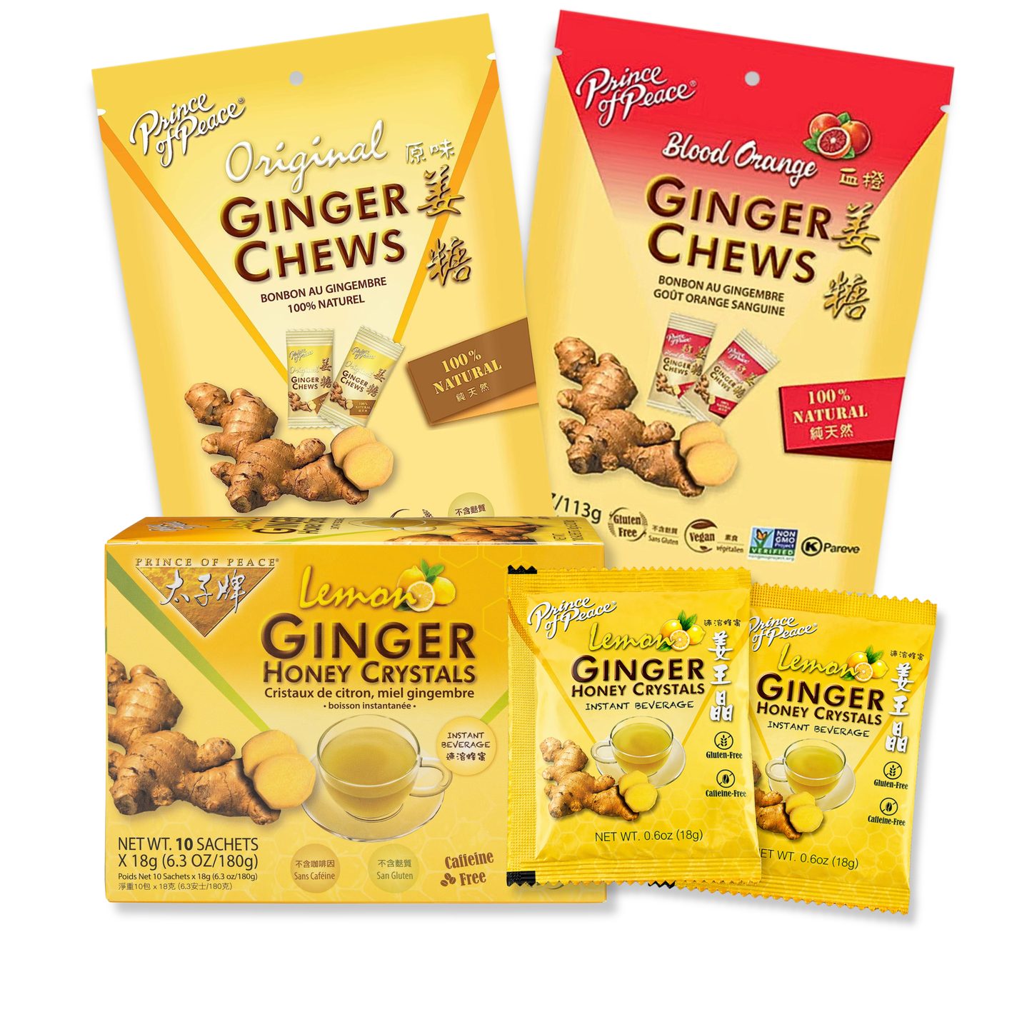 Prince of Peace Ginger Sampler Bundle – Original & Blood Orange Ginger Chews with Lemon Ginger Honey Crystals