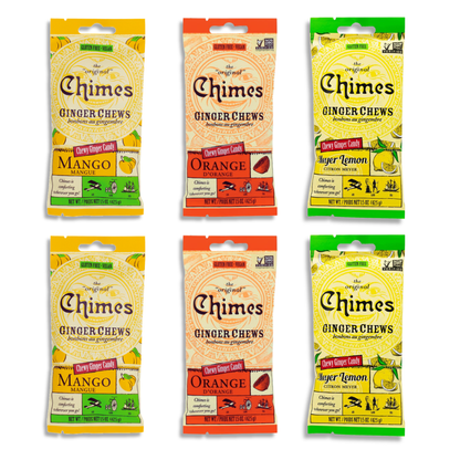 Chimes Ginger Chews Variety Pack of 6 Bundle (Mango, Orange & Lemon)