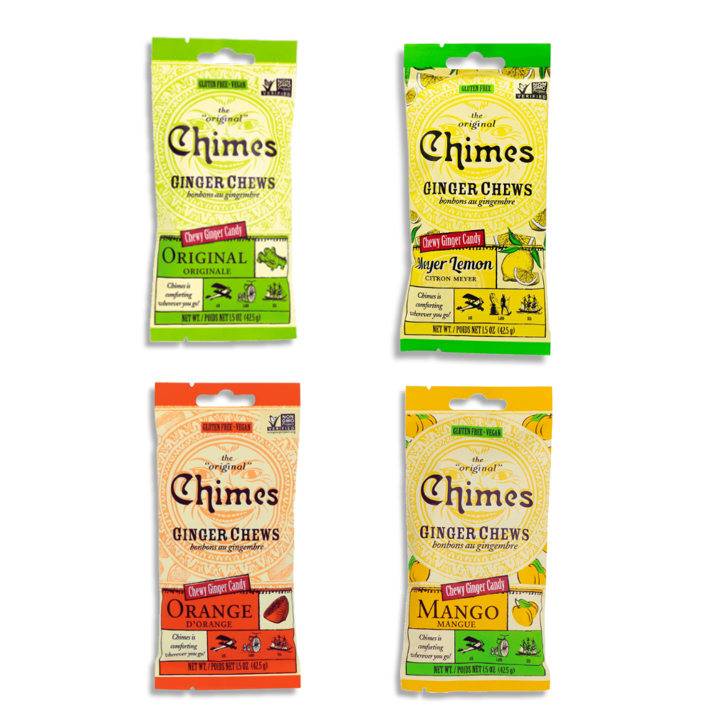 Chimes Ginger Chews Variety Pack of 4 Bundle (Original, Mango, Lemon & Orange)