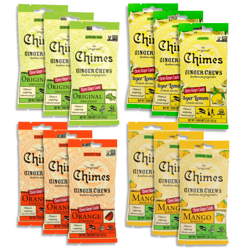 Chimes Ginger Chews Variety Pack of 12 Bundle (Original, Mango, Lemon, Orange)