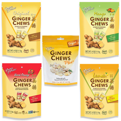 Prince of Peace Ginger Chews Variety Pack of 5 Bundle, 1 of each (Original Plus, Original, Mango, Lemon, Blood Orange)