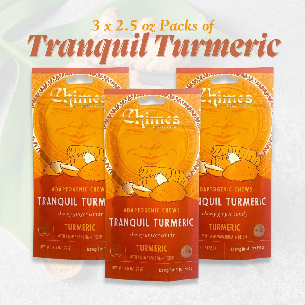Chimes Tranquil Turmeric Adaptogen Ginger Chews Candy Pack of 3, 7.5 oz total with Ashwagandha, Reishi, Turmeric and Curcumin