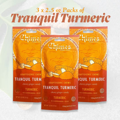 Chimes Tranquil Turmeric Adaptogen Ginger Chews Candy Pack of 3, 7.5 oz total with Ashwagandha, Reishi, Turmeric and Curcumin