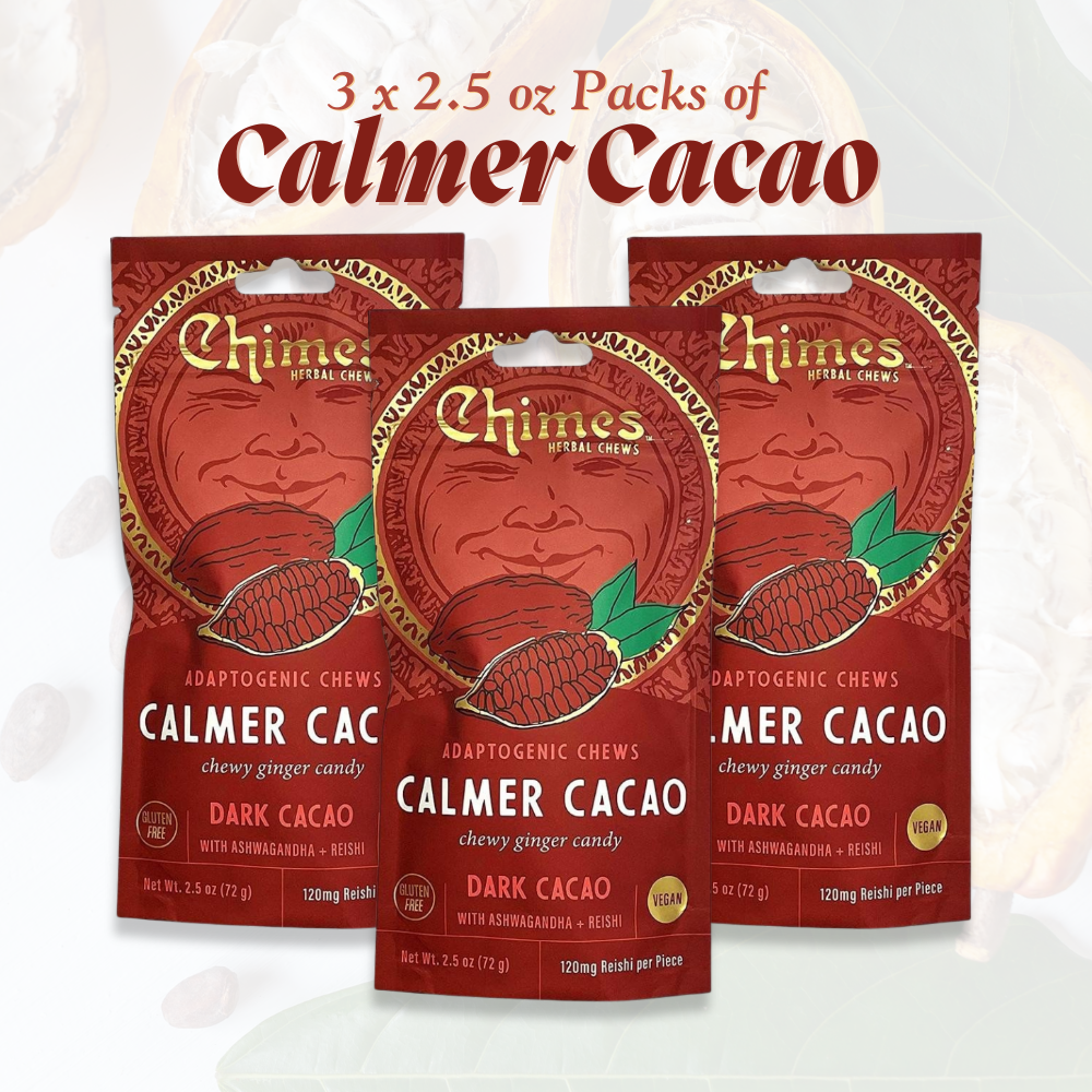 Chimes Calmer Cacao Adaptogen Ginger Chews Candy Pack of 3, 7.5 oz total with Ashwagandha, Reishi and Theobromine