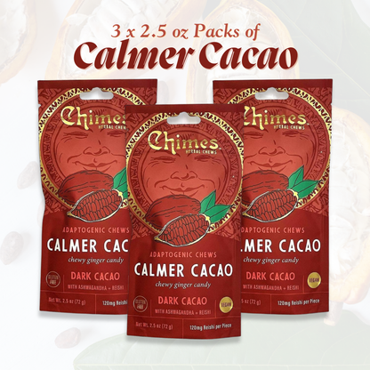 Chimes Calmer Cacao Adaptogen Ginger Chews Candy Pack of 3, 7.5 oz total with Ashwagandha, Reishi and Theobromine