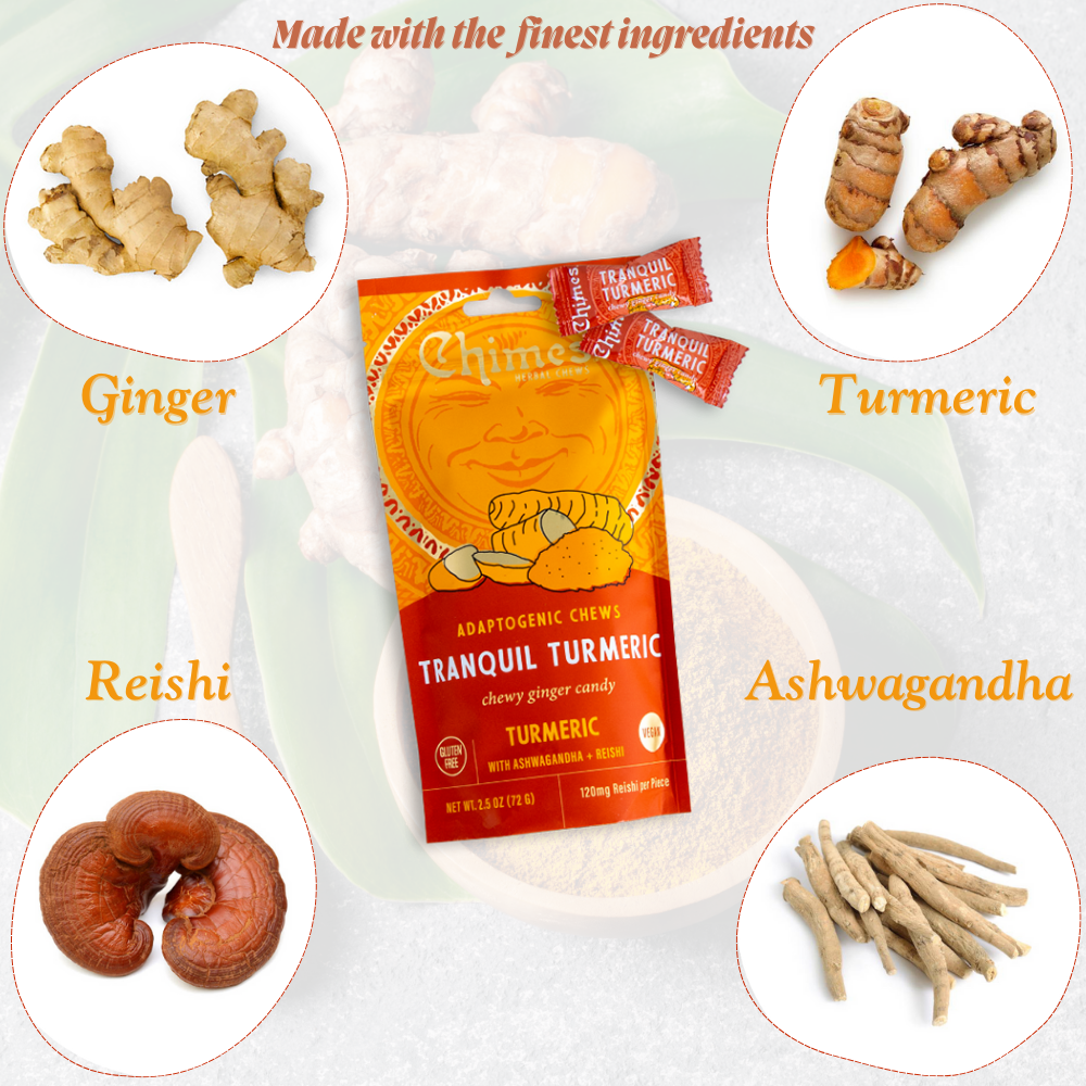 Chimes Adaptogen Ginger Chews Variety Pack of 2, Tranquil Turmeric and Calmer Cacao