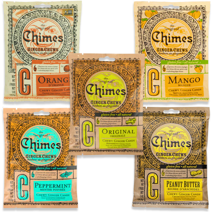 Chimes Ginger Chews Large Variety Pack of 5 (Original, Mango, Orange, Peppermint, Peanut Butter)