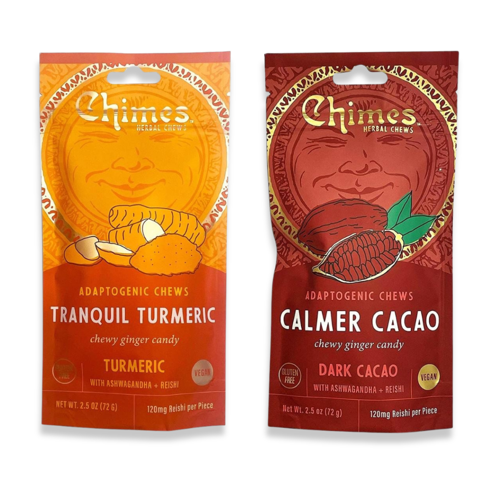 Chimes Adaptogen Ginger Chews Variety Pack of 2, Tranquil Turmeric and Calmer Cacao
