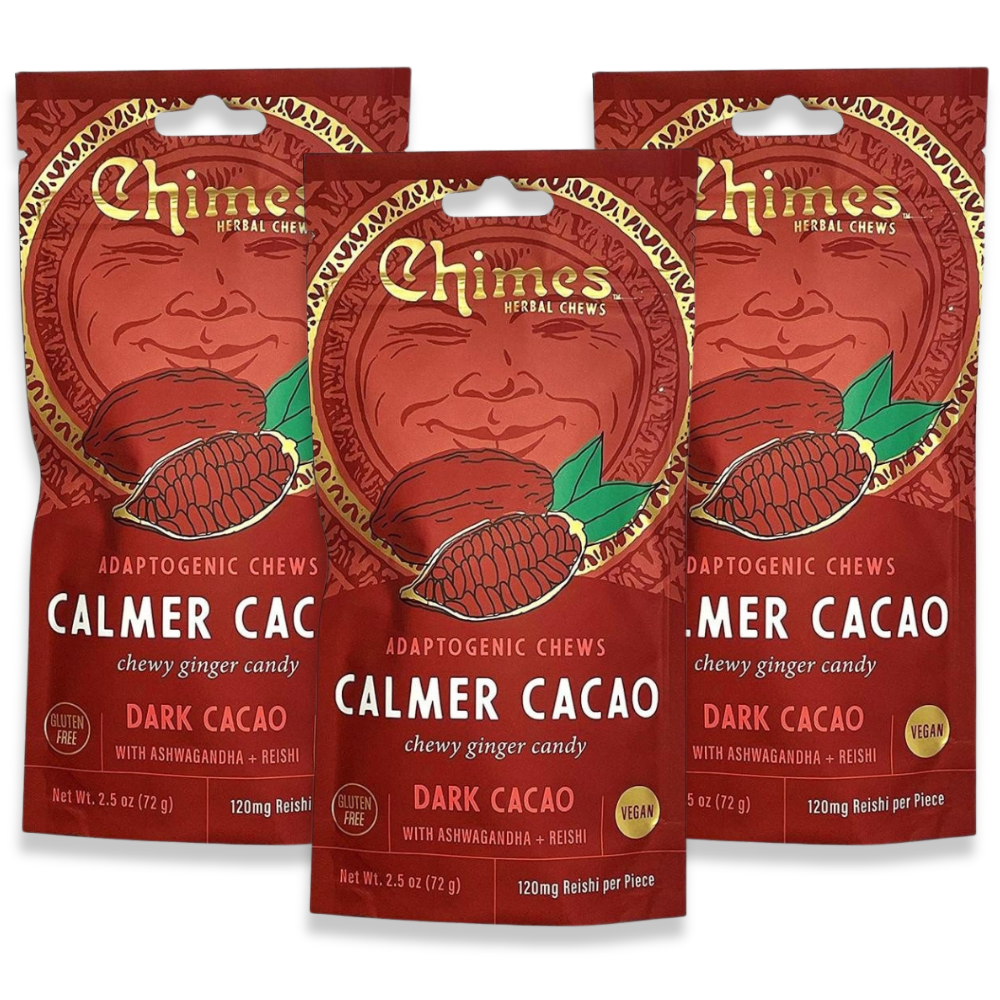 Chimes Calmer Cacao Adaptogen Ginger Chews Candy Pack of 3, 7.5 oz total with Ashwagandha, Reishi and Theobromine