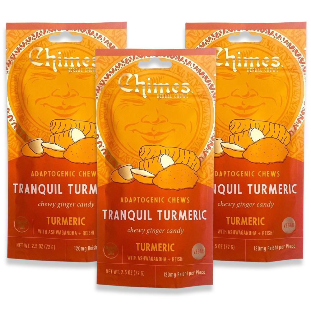 Chimes Tranquil Turmeric Adaptogen Ginger Chews Candy Pack of 3, 7.5 oz total with Ashwagandha, Reishi, Turmeric and Curcumin