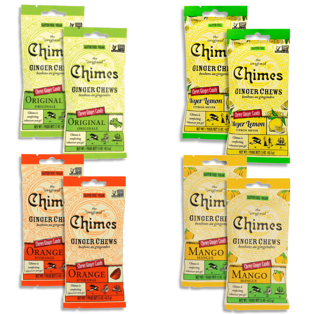 Chimes Ginger Chews Variety Pack of 8 Bundle (Original, Mango, Lemon & Orange)